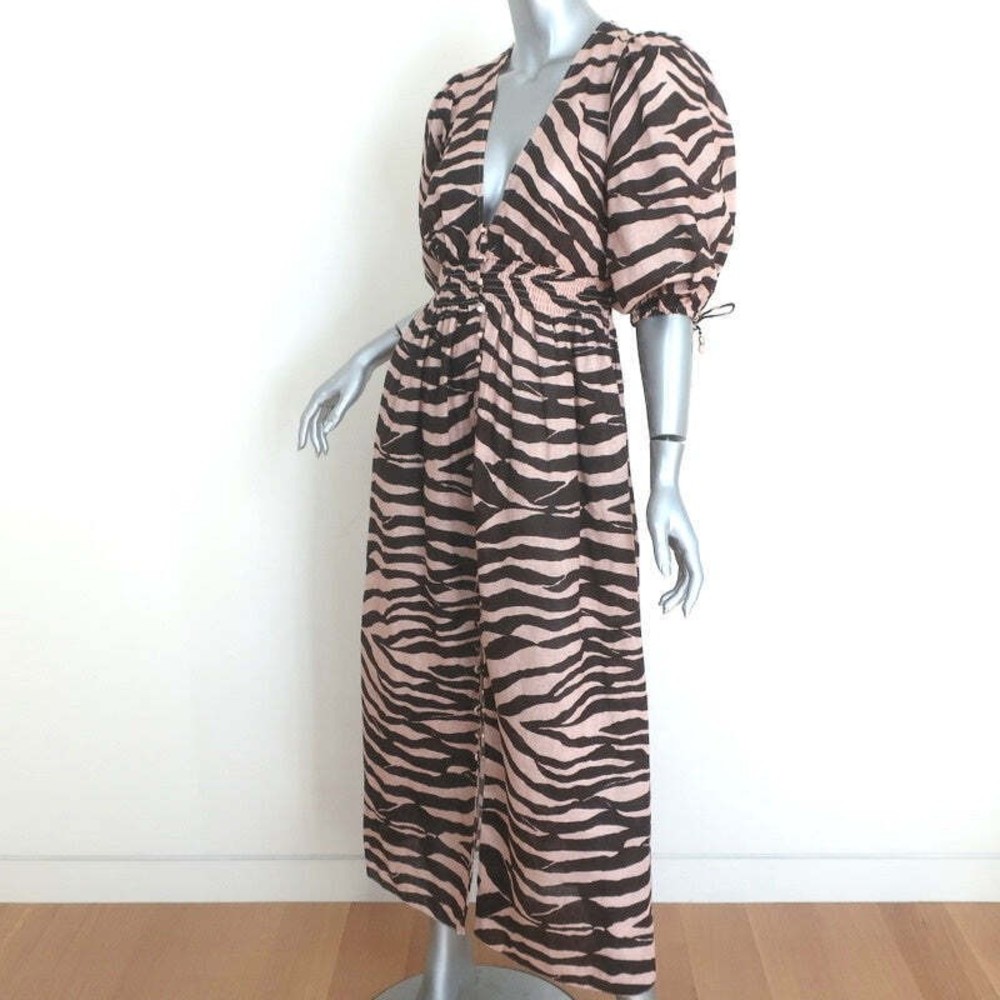 Zimmermann Puff Sleeve Midi Dress Juniper Brown Zebra Print Linen Size 0 - Picture 3 of 9